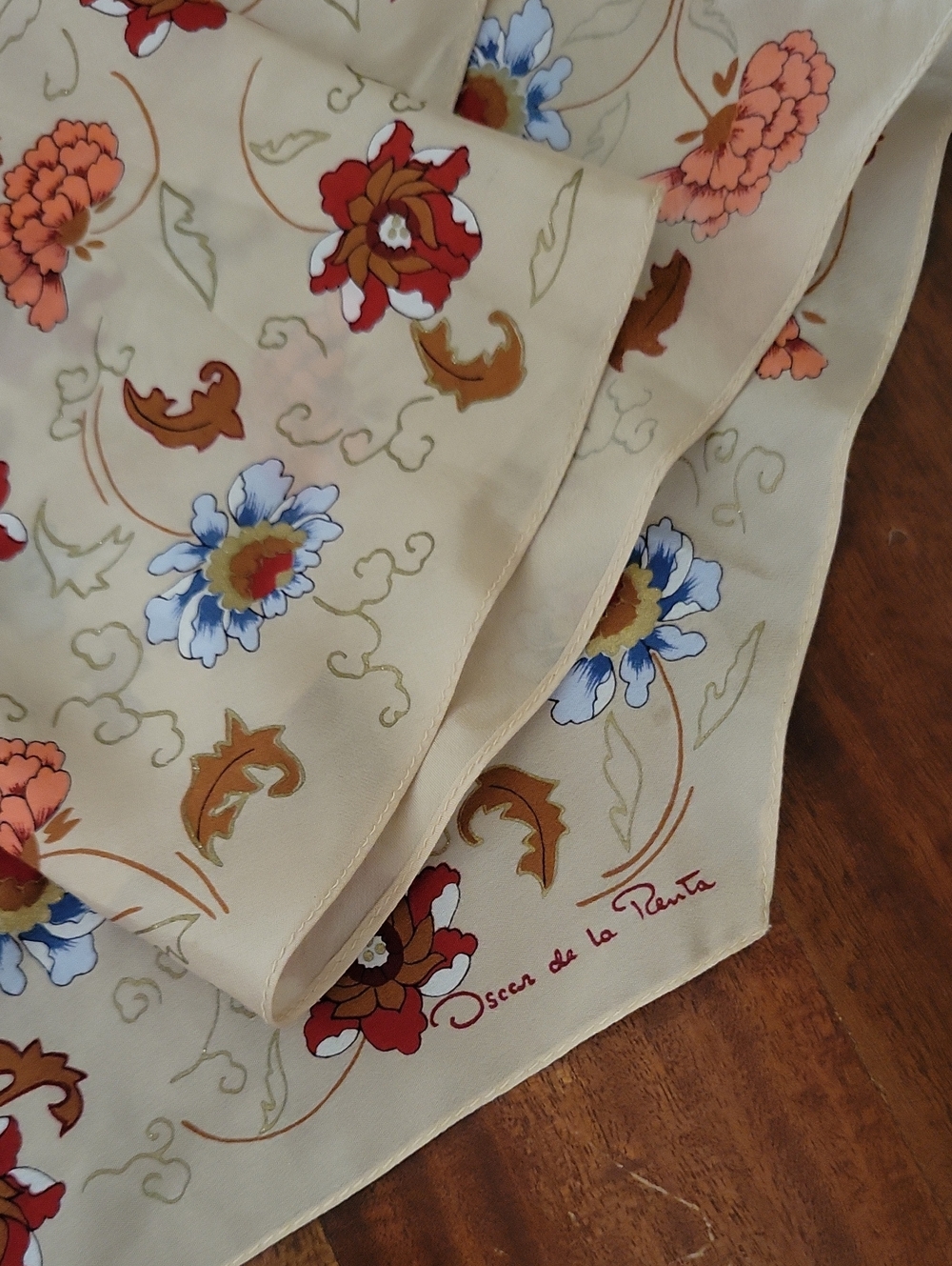 Oscar de la Renta Cream Scarf with Blue, Red and Orange Floral Print